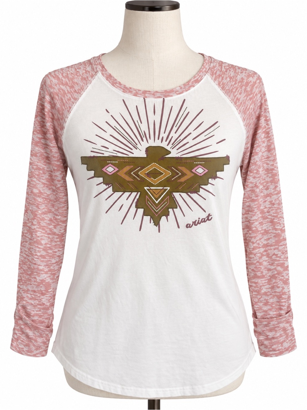Ariat White Tee with Pink Raglan Sleeves and Southwestern Graphic